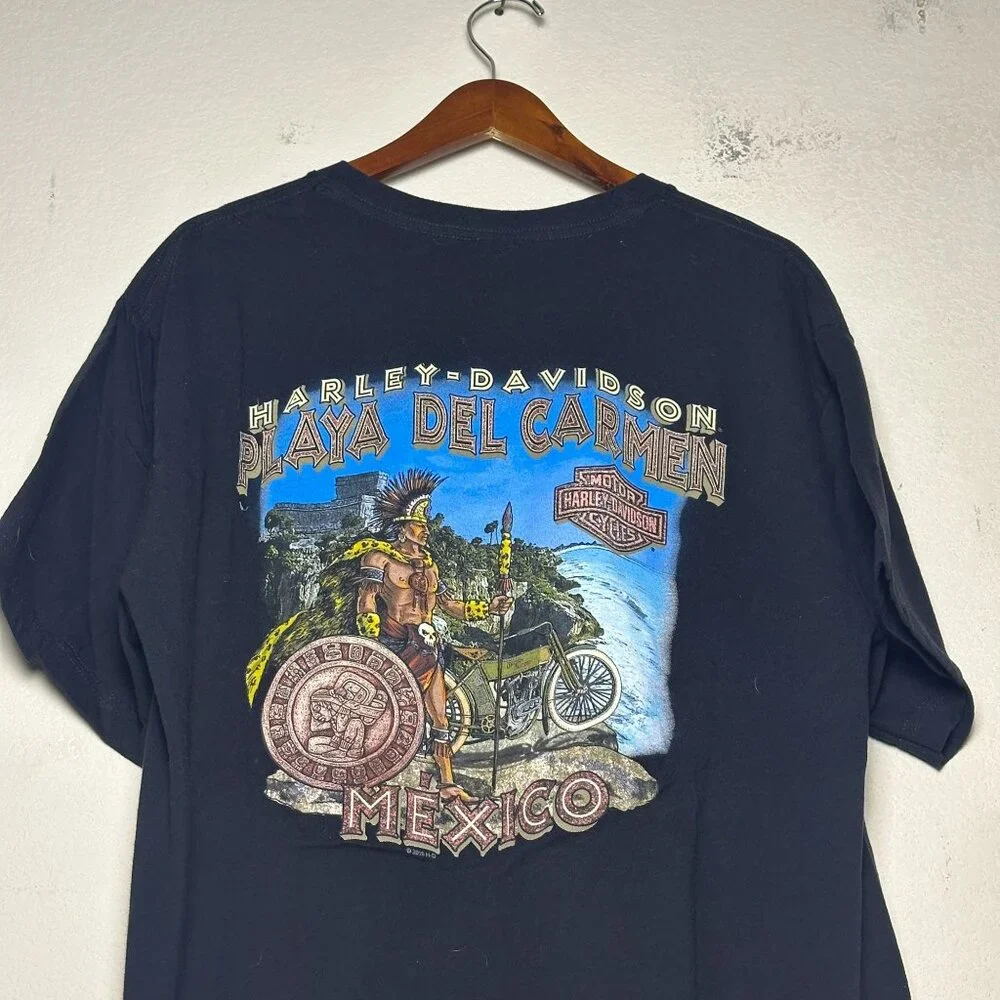 Harley Davidson Men XL Shirt Cancun Playa Del Carmen Tribal Graphic T Black Bike - Picture 4 of 13
